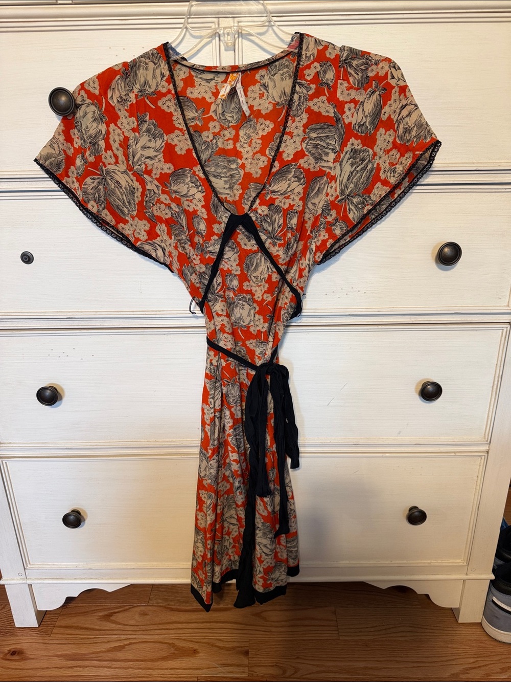 Anthropology Maeve Red Floral Wrap dress with Black Trim- 100 percent silk